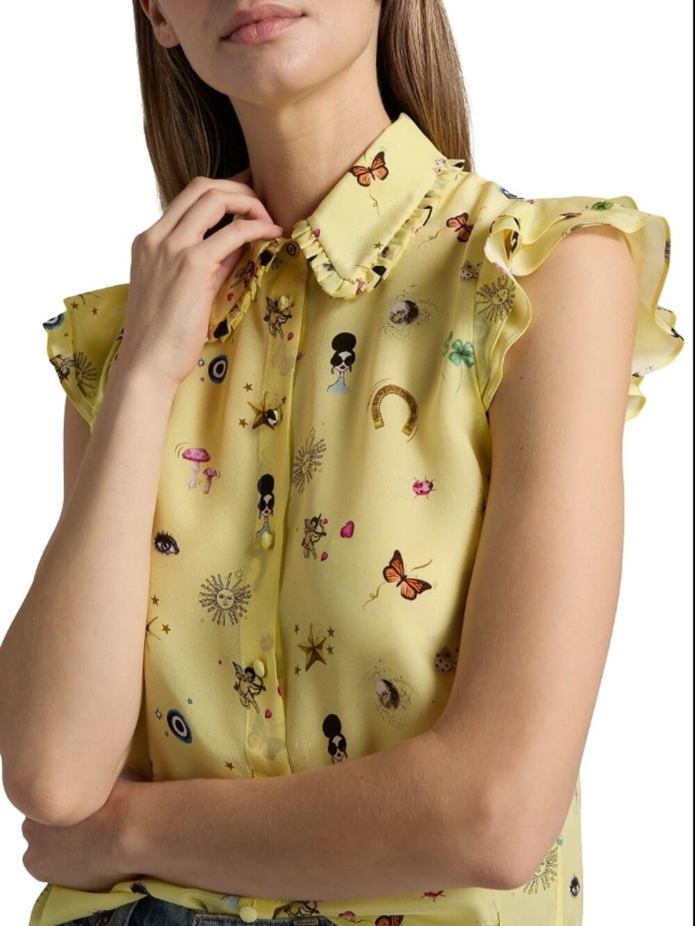 ALICE + OLIVIA Martel Silk Flutter-Sleeve Blouse S